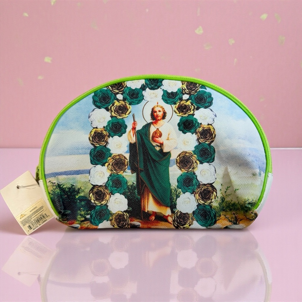 St Jude Religious Zippered Pouch Green Floral Cosmetic Bag 8x6 NWT